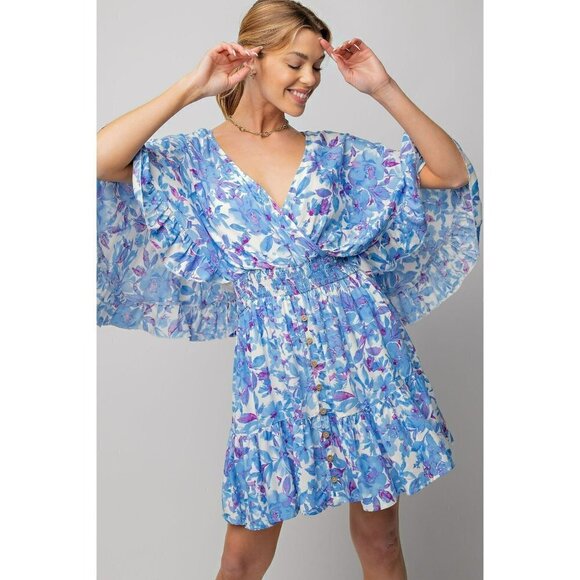 easel Dresses & Skirts - Sunday Best Floral Print Romper Dress in Peri Blue